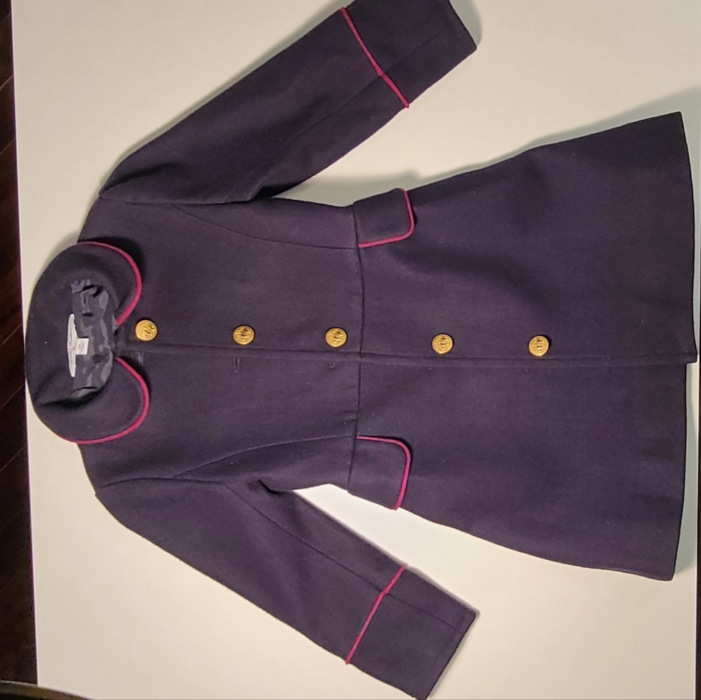Wool Blend Princess Coat Brooks Brother Girls XS (4-5) Navy with Fuschia Piping